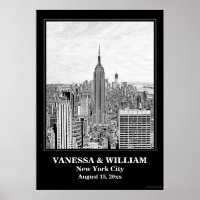 NYC Skyline ESB WTC Etch BW Wedding Poster
