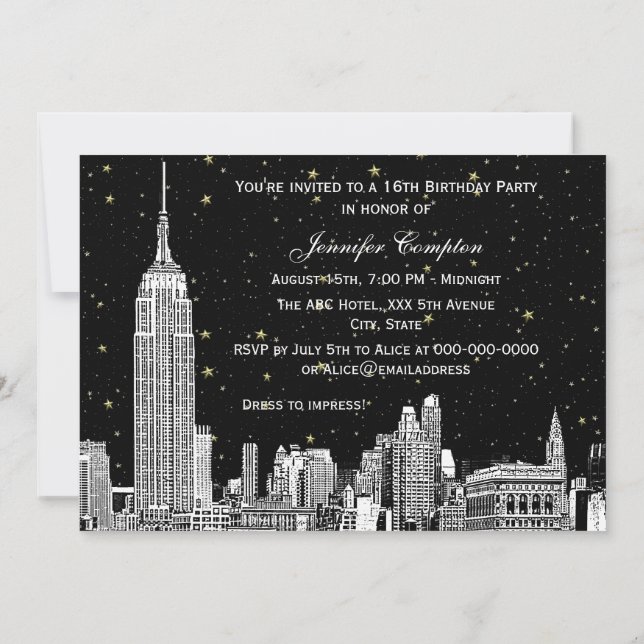NYC Skyline Etch Starry DIY BG Colour SQ Sweet 16  Invitation (Back)