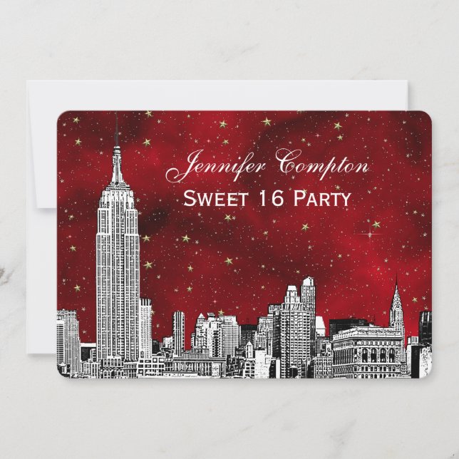 NYC Skyline Etch Starry Red BG SQ Sweet 16 H Invitation (Front)