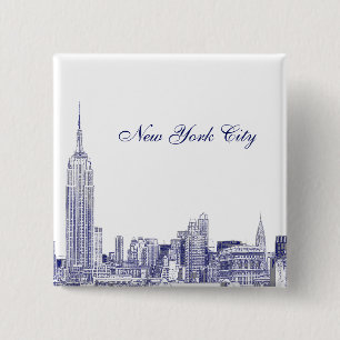 NYC Skyline Etched 01 Blue 2 Inch Square Button