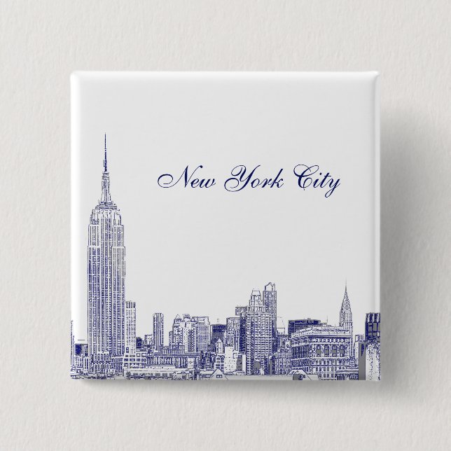 NYC Skyline Etched 01 Blue 2 Inch Square Button (Front)
