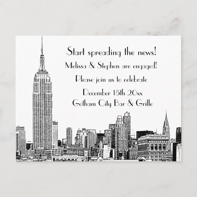 NYC Skyline Etched 01 Engagement Party Invitation Postcard (Front)