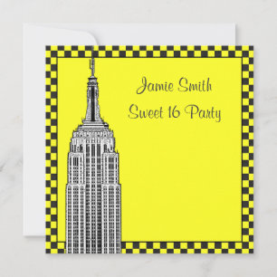 NYC Skyline Etched ESB Chequered Taxi 2 Sweet 16 Invitation