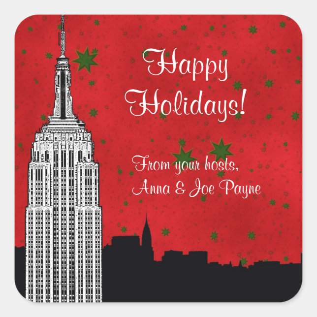 NYC Skyline Etched ESB Christmas Holiday Favour Ta Square Sticker (Front)