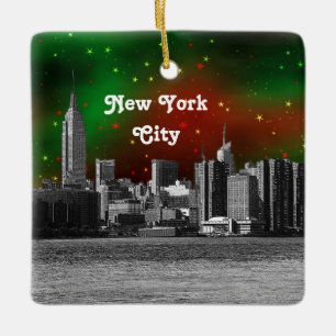 NYC Skyline Etched ESB Red and Green Starry Xmas Ceramic Ornament