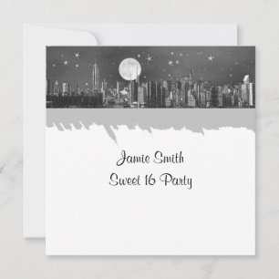 NYC Skyline Etched Look Moon Black 2 Sweet 16 SQ Invitation
