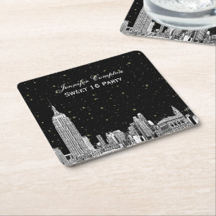 NYC Skyline Etched Starry DIY BG Colour SQ Square Paper Coaster