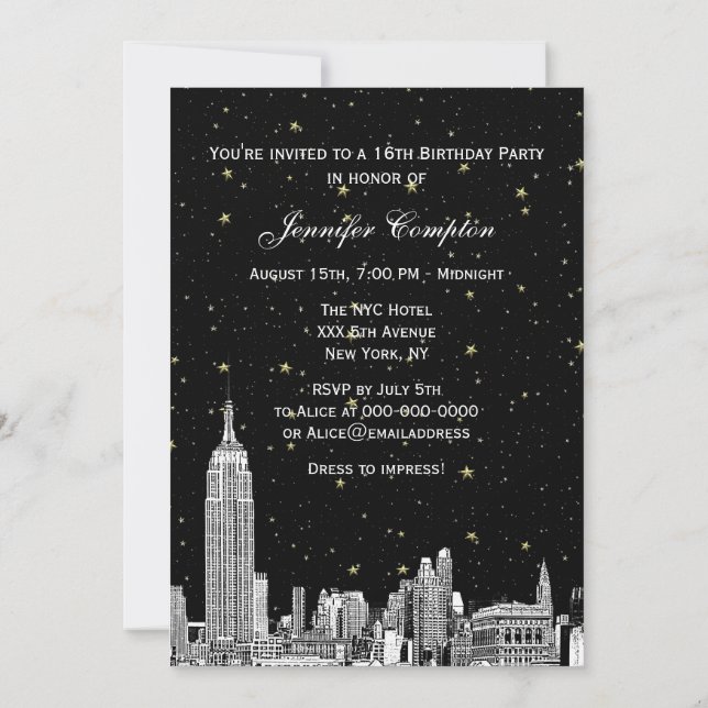 NYC Skyline Etched Starry DIY BG Colour SQ Sweet 1 Invitation (Back)