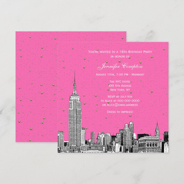 NYC Skyline Etched Starry DIY BG Colour SQ Sweet 1 Invitation (Front/Back)