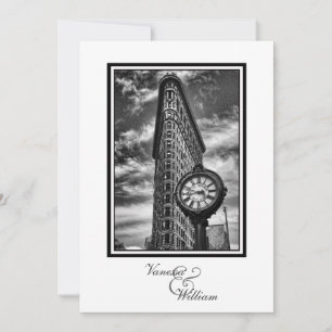 NYC Skyline Flatiron Building and Clock BW Wedding Invitation