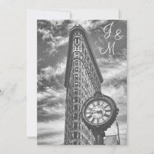 NYC Skyline Flatiron Building & Clock BW Wedding Invitation