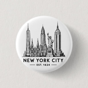 NYC Skyline Illustration with Statue of Liberty 1 Inch Round Button