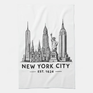 NYC Skyline Illustration with Statue of Liberty Kitchen Towel