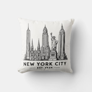 NYC Skyline Illustration with Statue of Liberty Throw Pillow