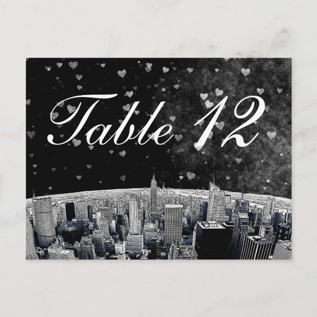 NYC Skyline no 2 Black Wht Heart Numéro de table (Devant)