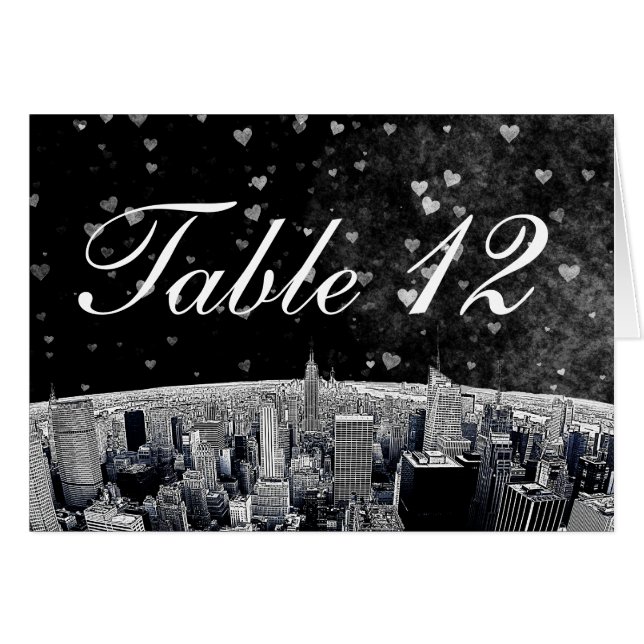 NYC Skyline no 2 Black Wht Heart Numéro de table (Devant horizontal)