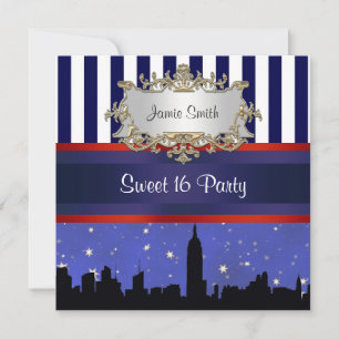 NYC Skyline Sil Blue Sky2 Blue Wht Stripe Sweet 16 Invitation