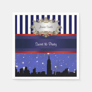 NYC Skyline Sil Blue Sky2 Blue Wht Strp Sweet 16 Napkin