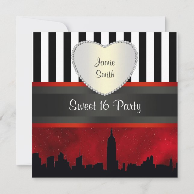 NYC Skyline Sil Red Sky Blk Wht Stripe H Sweet 16 Invitation (Front)
