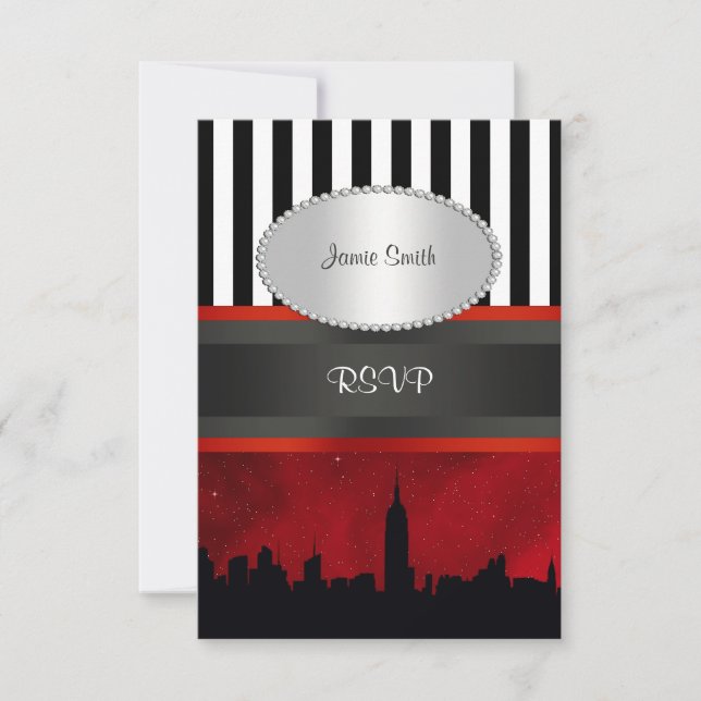 NYC Skyline Sil Red Sky Blk Wht Stripe P RSVP Card (Front)