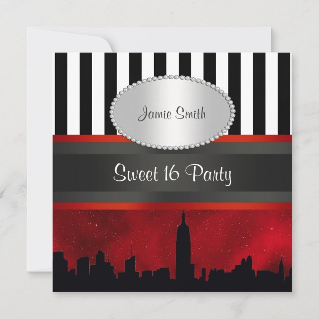 NYC Skyline Sil Red Sky Blk Wht Stripe P Sweet 16 Invitation (Front)