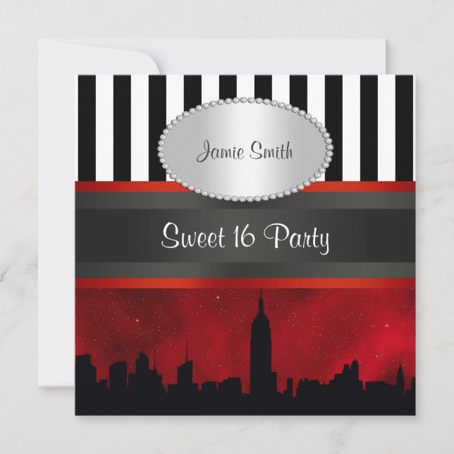 NYC Skyline Sil Red Sky Blk Wht Stripe P Sweet 16 Invitation (Front)