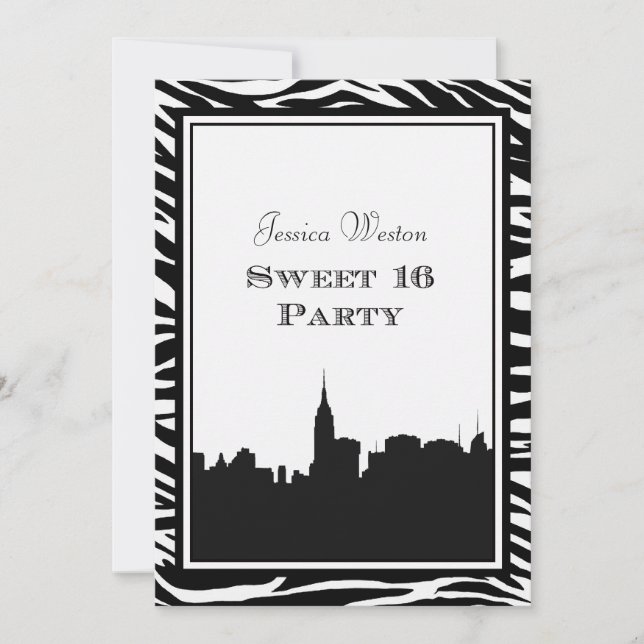 NYC Skyline Silhouette #2 Zebra Sweet 16 Invitation (Front)