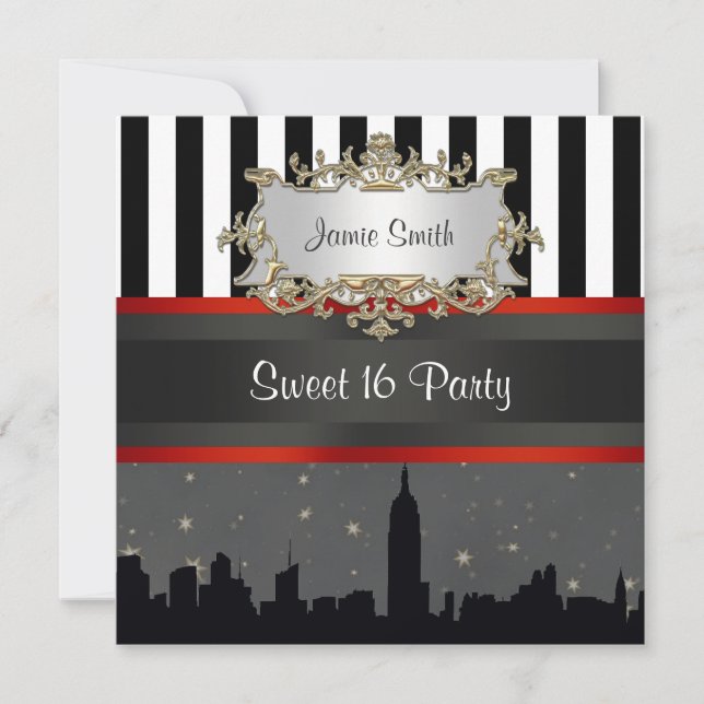 NYC Skyline Silhouette Blk Wht Stripe Sweet 16 Invitation (Front)