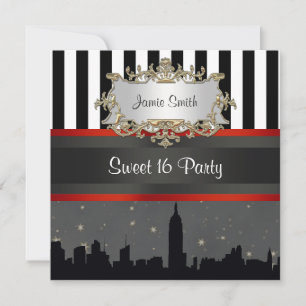 NYC Skyline Silhouette Blk Wht Stripe Sweet 16 Invitation