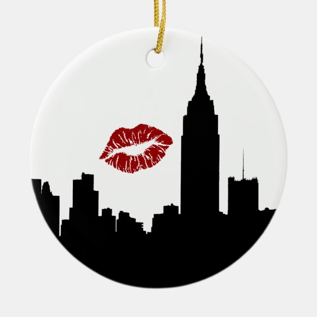 NYC Skyline Silhouette, Empire St Bldg #1 Kiss Ceramic Ornament (Front)