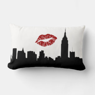 NYC Skyline Silhouette, ESB #1 Red Lipstick Kiss Lumbar Pillow