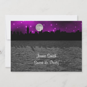 NYC Skyline Silhouette Moon Purple Sweet 16 Invitation