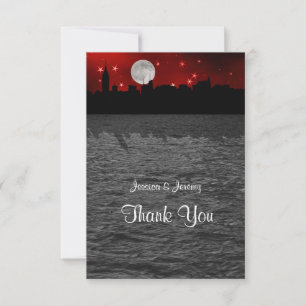 NYC Skyline Silhouette Moon Red Thank You Card