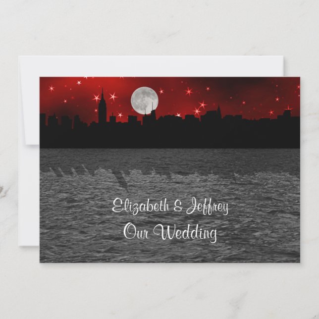 NYC Skyline Silhouette Moon Red Wedding Invitation (Front)