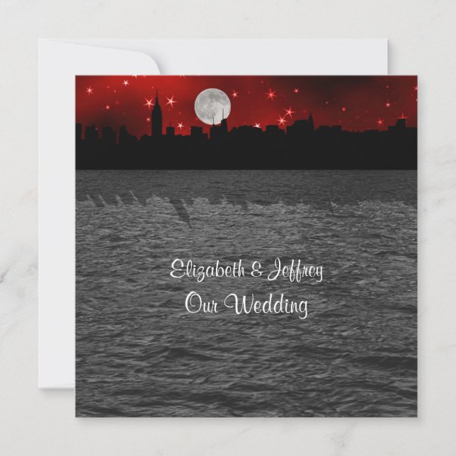 NYC Skyline Silhouette Moon Red Wedding SQ Invitation (Front)