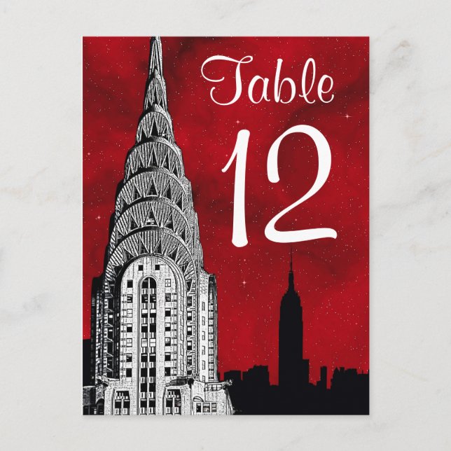 NYC Skyline Silhouette Red Starry Table Number Postcard (Front)