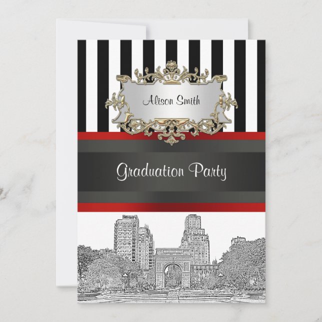 NYC Skyline Wash Sq Pk Bk Wht Stripe Graduation Invitation (Front)