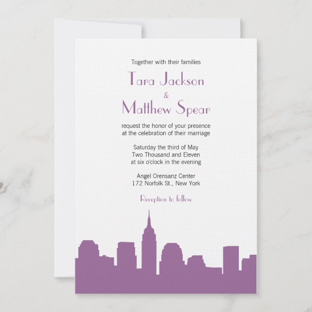 NYC Skyline Wedding Invitation - Purple (Front)