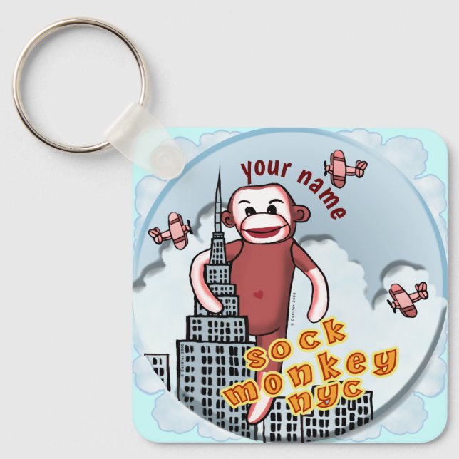 NYC Sock Monkey custom name Keychain (Front)