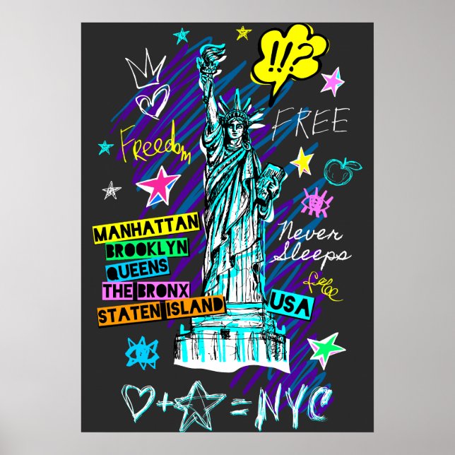 NYC Statue of Liberty Travel Doodle Art  Poster (Front)