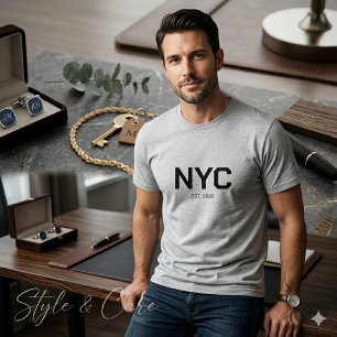 NYC Text Mark Mens Modern Grey Graphic T-Shirt