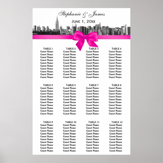 NYC Wide Skyline BW Hot Pink Bow Seating Chart (Front)