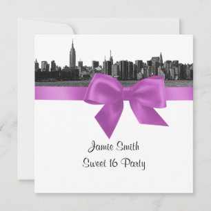 NYC Wide Skyline Etch BW Lilac Sweet Sixteen SQ Invitation