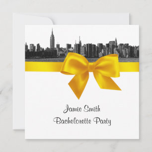 NYC Wide Skyline Etch BW Yellow Bachelorette SQ Invitation