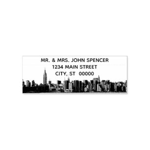 NYC Wide Skyline Etched BW Address Rubber Stamp