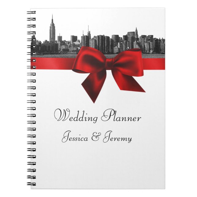 NYC Wide Skyline Etched BW Dk Red Planner Notebook (Front)