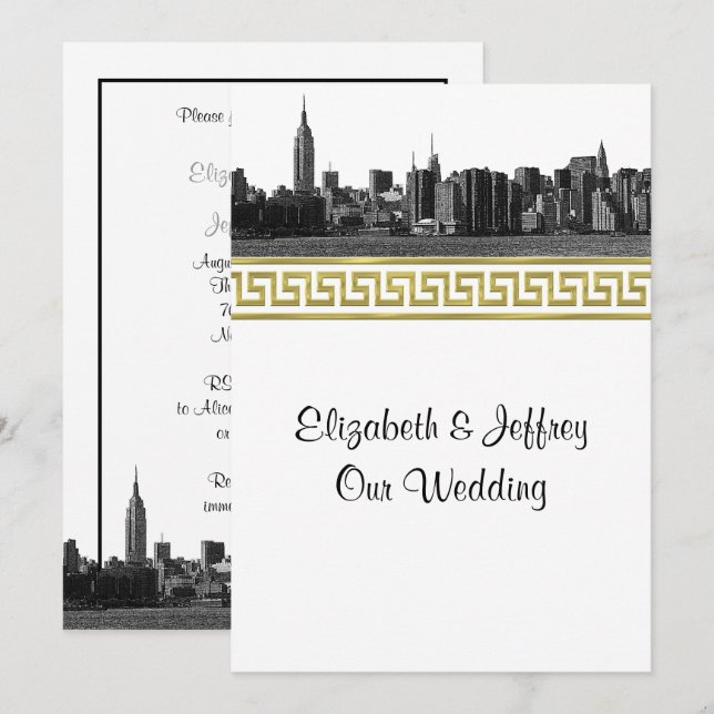 NYC Wide Skyline Etched BW Gold GK #5 Wedding Invitation (Front/Back)