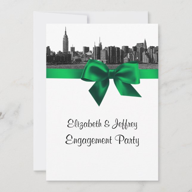 NYC Wide Skyline Etched BW Green Engagement Party Invitation (Front)