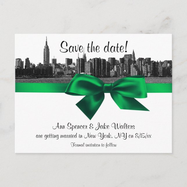 NYC Wide Skyline Etched BW Green Save the Date Announcement Postcard (Front)