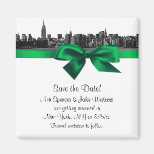NYC Wide Skyline Etched BW Green Save the Date Magnet